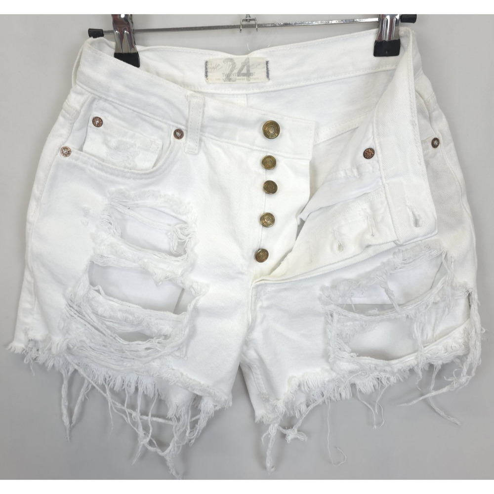 We The Free Button Fly Jean Shorts Ripped Frayed Mid Rise Women 24 White Denim - Picture 6 of 14